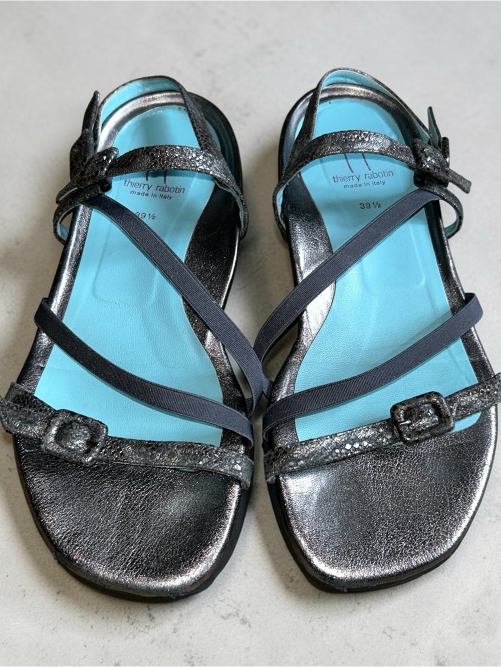 Thierry Rabotin Wave Gun Metal Gray Leather Strappy Sandals Size 39.5 $495